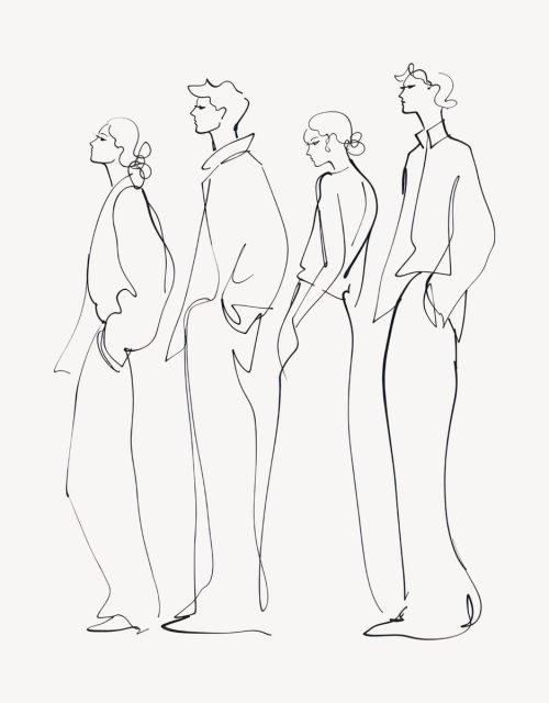 An elegant minimalist line drawing featuring four figures in profile, capturing a modern and sophisticated aesthetic through continuous line art style.